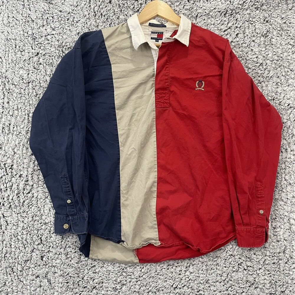 Tommy Hilfiger Vintage Red/White/Blue Striped Shirt With Crest Men’s XL